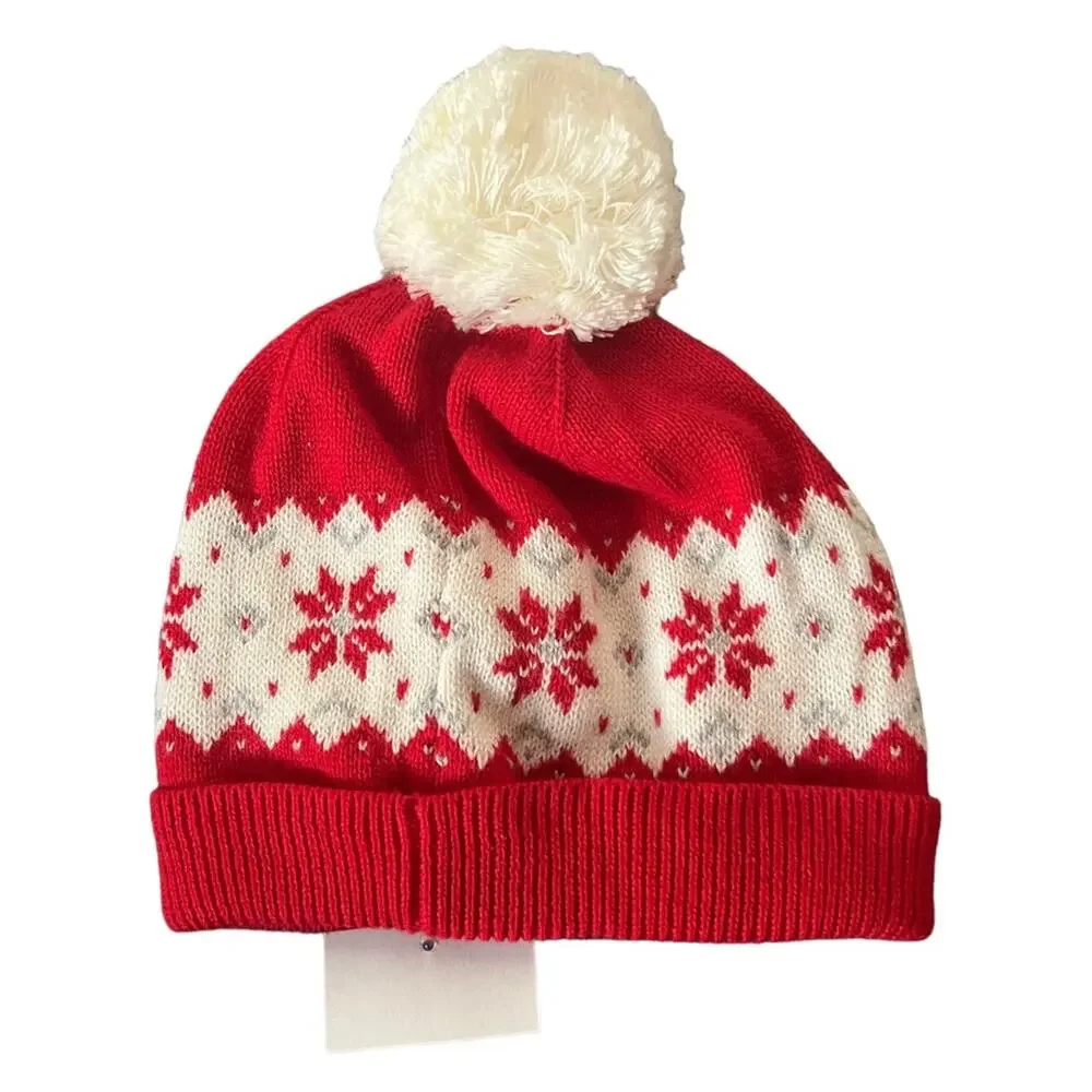 Janie And Jack Red Snowflake Pom Pom Beanie Size 6 - 12 M